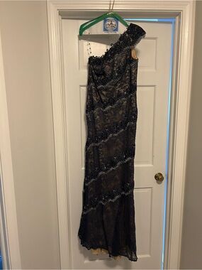 Montage by Mon Cheri Black One-Shoulder Lace Gown